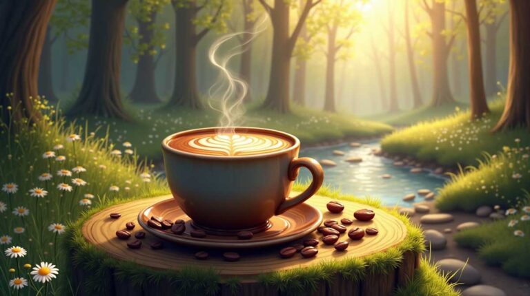 Coffee Cup in a Serene Forest Clearing
