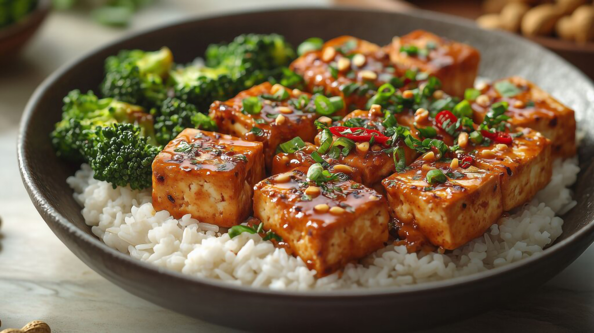 Crispy tofu with broccoli and rice in spicy sauce